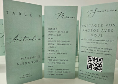 Chevalet de table personnalisé – 3 volets : menu, numéro de table, qr code….